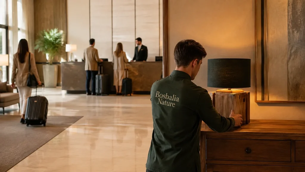 Empleado de Bosbalia Nature colocando una lampara decorativa en el recibidor de un hotel