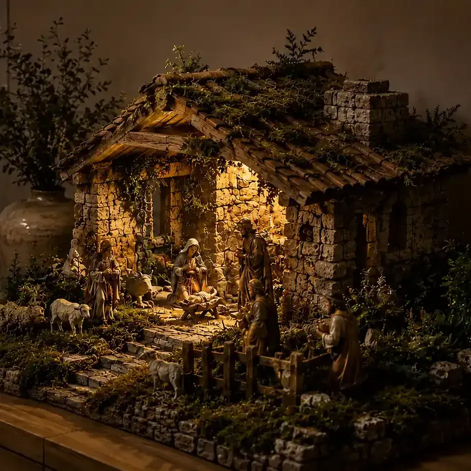 Belen artesanal iluminado de Bosbalia Nature sobre un aparador de madera