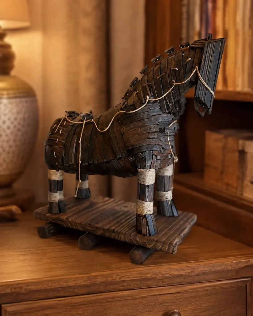 Escultura Troya, caballo de madera con listones ensamblados en tono oscuro, cuerda de canamo decorativa y ruedas de tronco