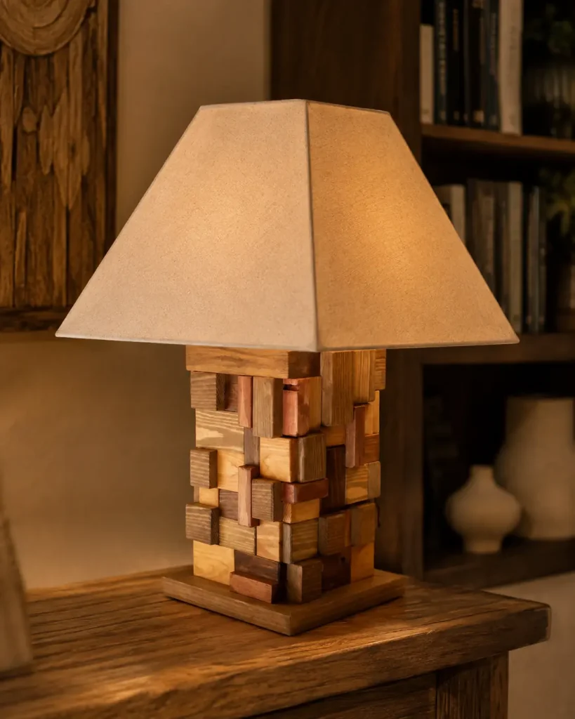 Lampara Adoquines con base de bloques de madera de distinto grosor y tono superpuestos en relieve, vetas y sombras marcadas