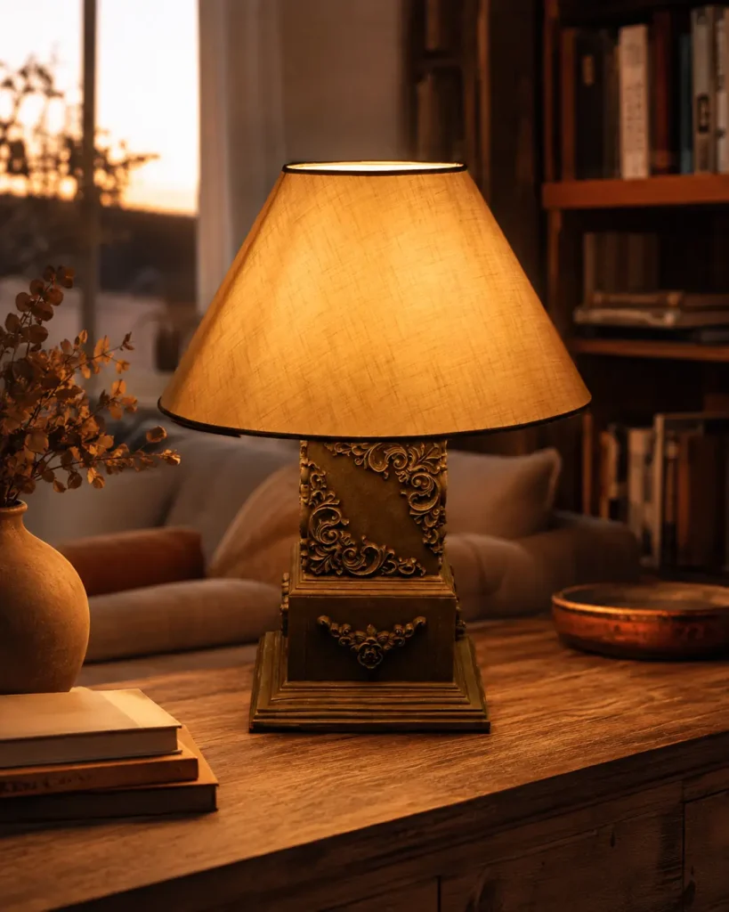 Lampara Voluta con pedestal de lineas clasicas y base amplia, relieves decorativos y acabado en tono gris piedra