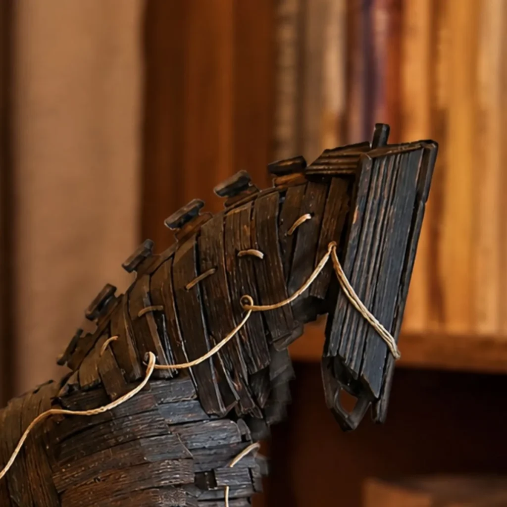 Detalle de la cabeza de una escultura artesanal de caballo de madera con atado de cuerda de canamo, bloque Ediciones anteriores de la Home (formato cuadrado 1:1)