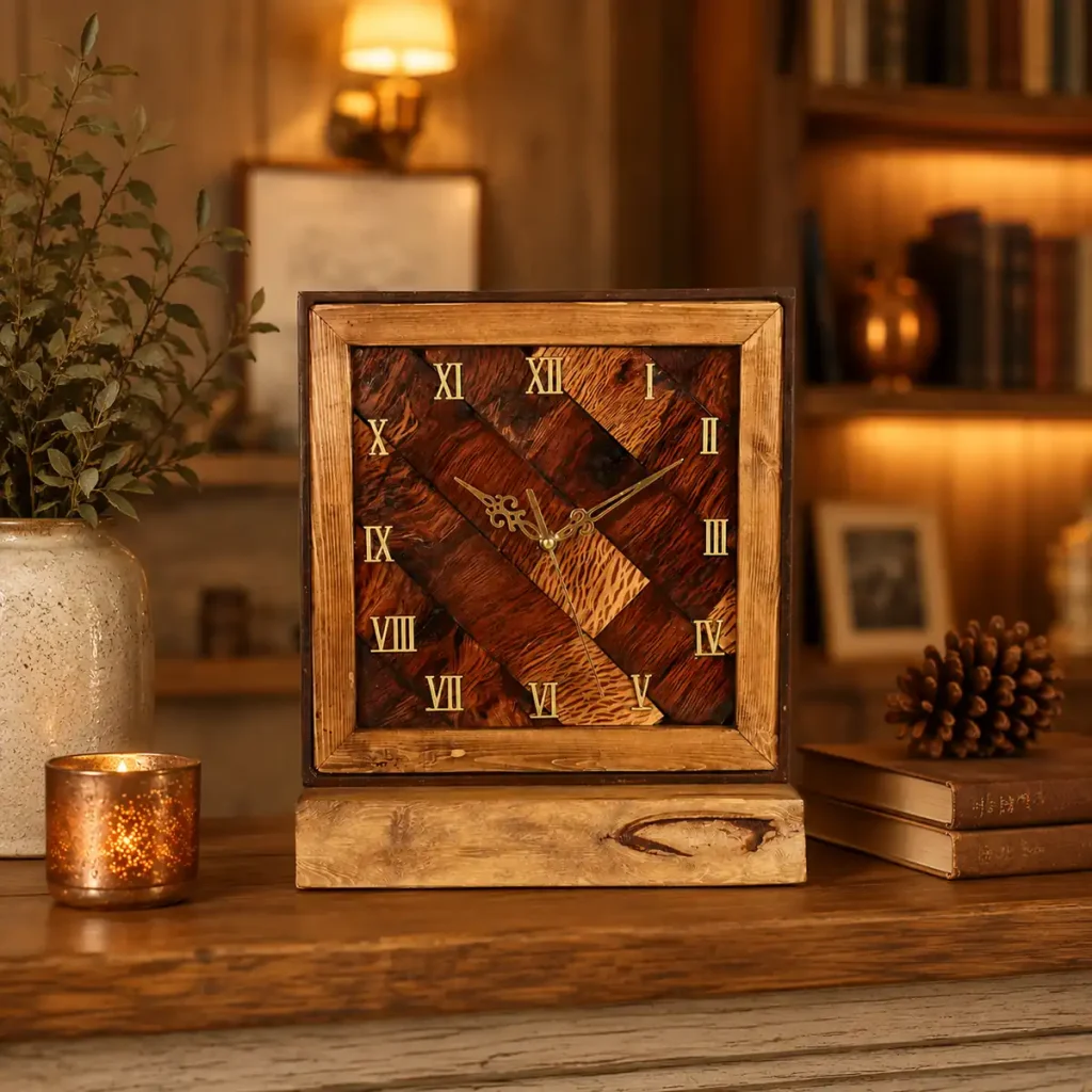 Reloj de sobremesa artesanal de madera con esfera de vetas diagonales y numeros romanos dorados, bloque Relojes artesanales de la Home (formato cuadrado 1:1)
