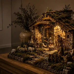 Belen completo iluminado sobre un mueble de madera, foto de cabecera de la pagina de Navidad