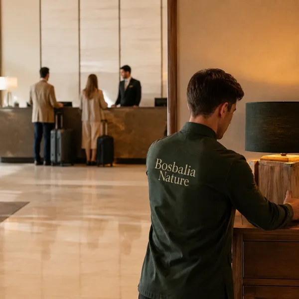 Empleado de Bosbalia Nature colocando una lampara decorativa en el recibidor de un hotel