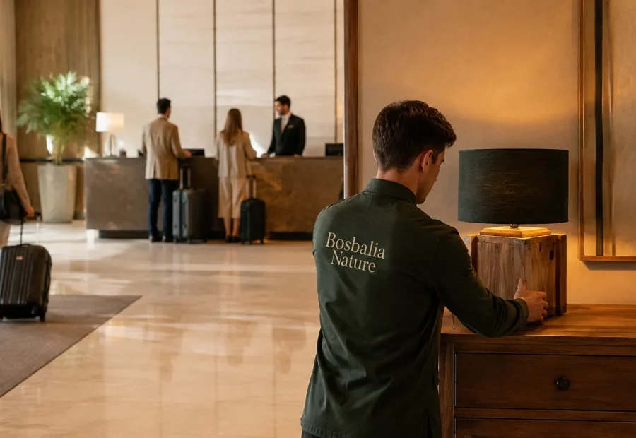 Empleado de Bosbalia Nature colocando una lampara decorativa en el recibidor de un hotel