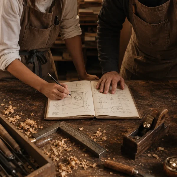 Manos de un hombre y una mujer trabajando juntos sobre un cuaderno de diseno en el taller (formato cuadrado 1:1)