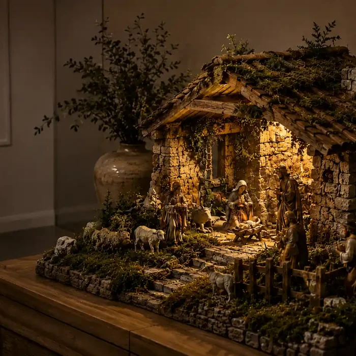 Belen completo iluminado sobre un mueble de madera, foto de cabecera de la pagina de Navidad